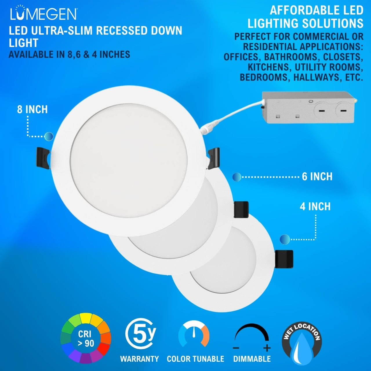 8in. LED Ultra-Slim Recessed Down Light - 18W - Color Tunable 27K/30K/35K/40K/50K - LumeGen