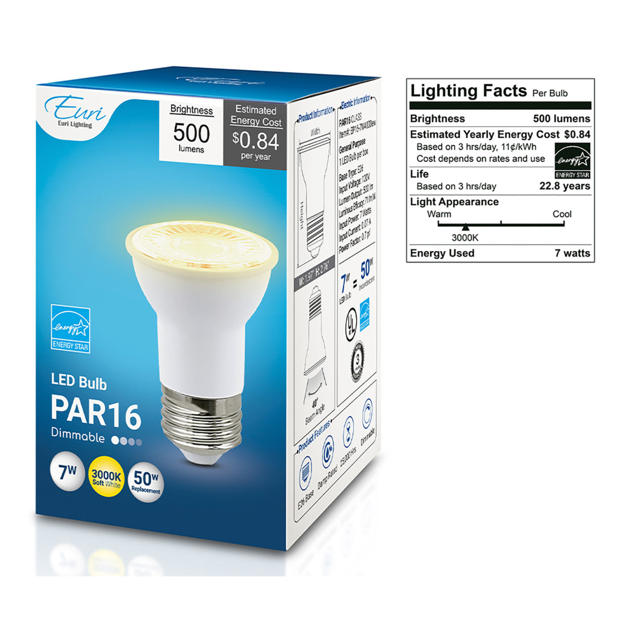 LED PAR16 - 7 Watt- 50 Watt Equiv. - Dimmable - 500 Lumens - Euri Lighting