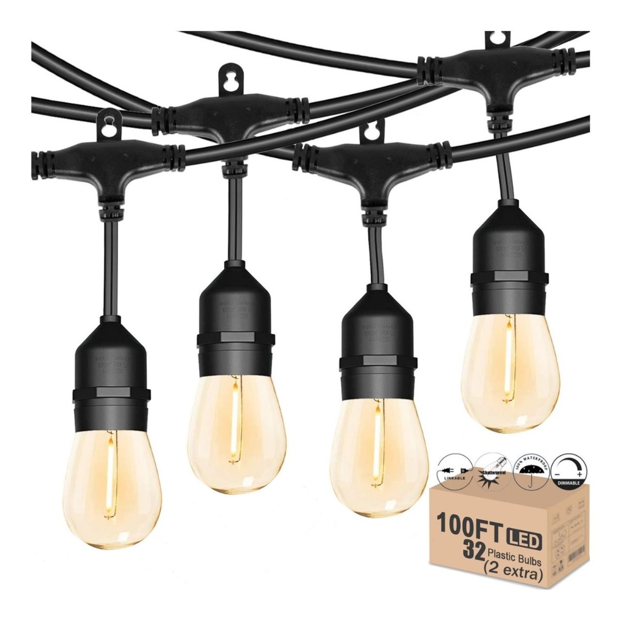 100ft Heavy-Duty S14 String Light - 30 E26 Sockets - 20AWG - 1W S14 Bulbs - LumeGen