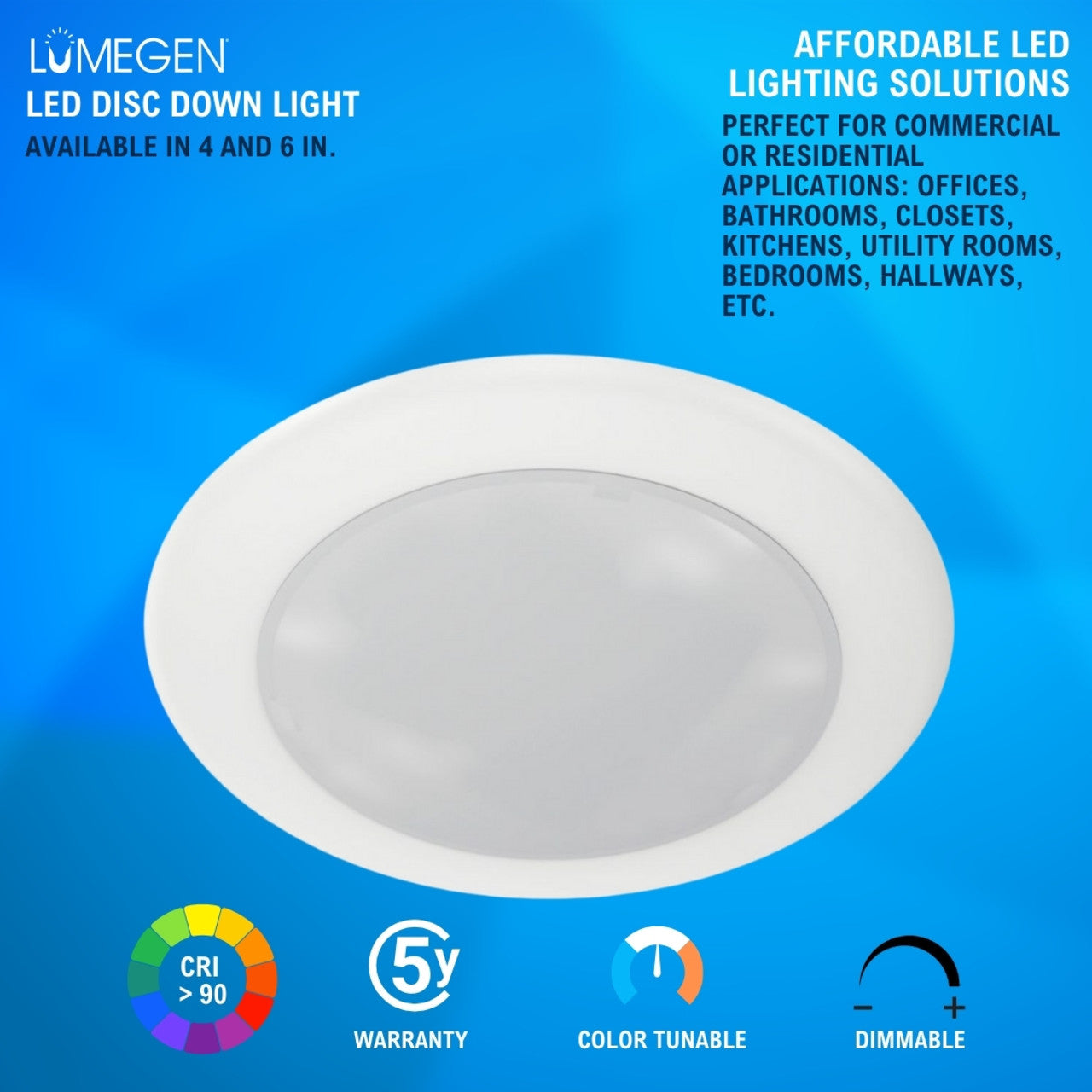 4in. LED Disc Down Light - 10W - Color Tunable 27K/30K/35K/40K/50K - Surface Mount - LumeGen