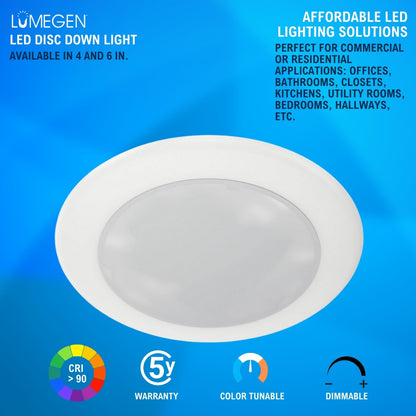 4in. LED Disc Down Light - 10W - Color Tunable 27K/30K/35K/40K/50K - Surface Mount - LumeGen