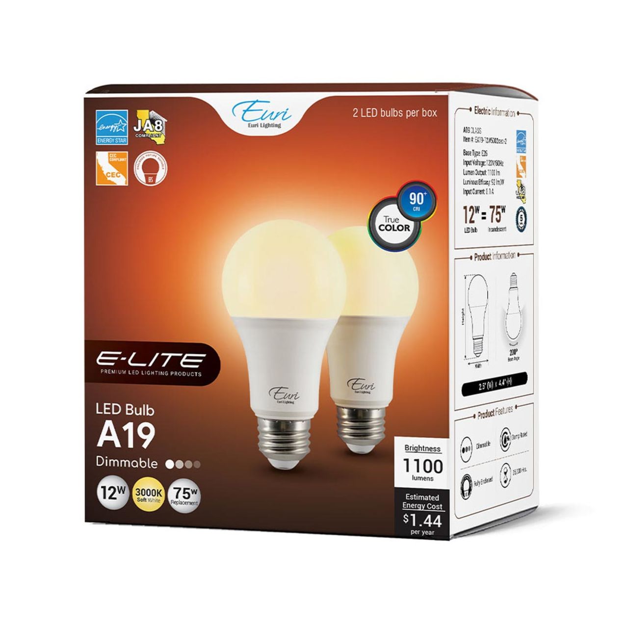 2-Pack E-Lite LED A19 Bulbs - 12W - 1100 Lumens - Euri Lighting