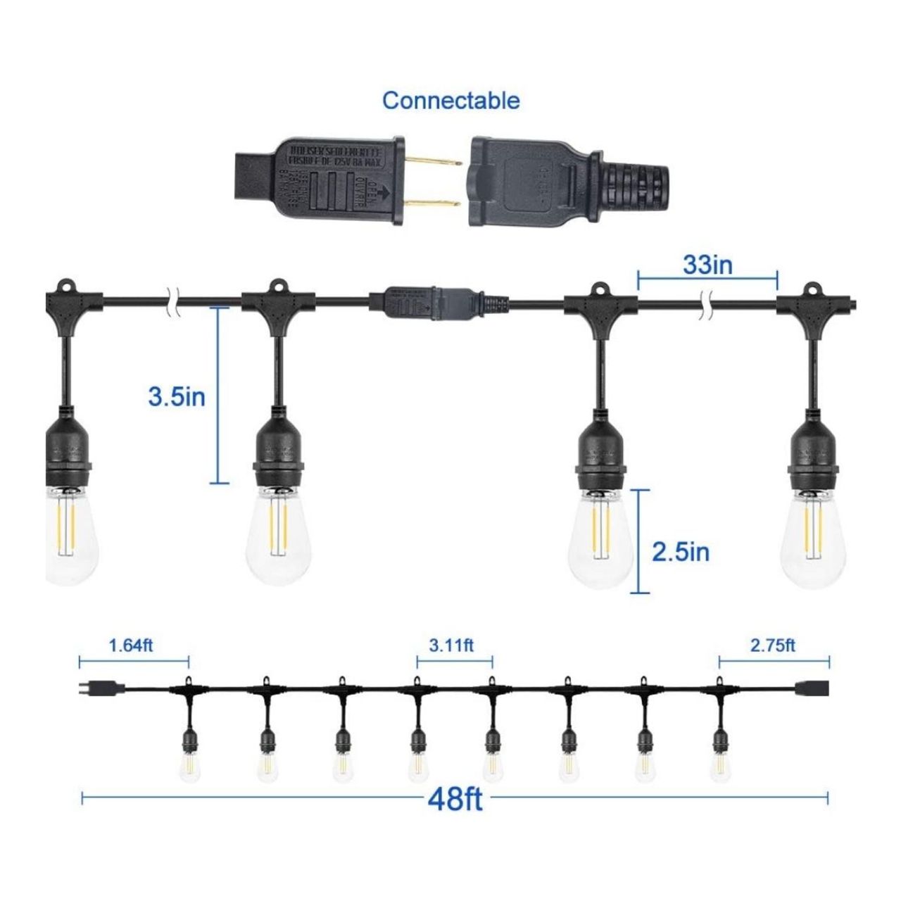 48ft Commercial Heavy-Duty S14 String Light - 24 E26 Sockets - 16AWG - Double Filament 1.5W S14 Bulbs - LumeGen