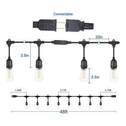 48ft Commercial Heavy-Duty S14 String Light - 24 E26 Sockets - 16AWG - Double Filament 1.5W S14 Bulbs - LumeGen