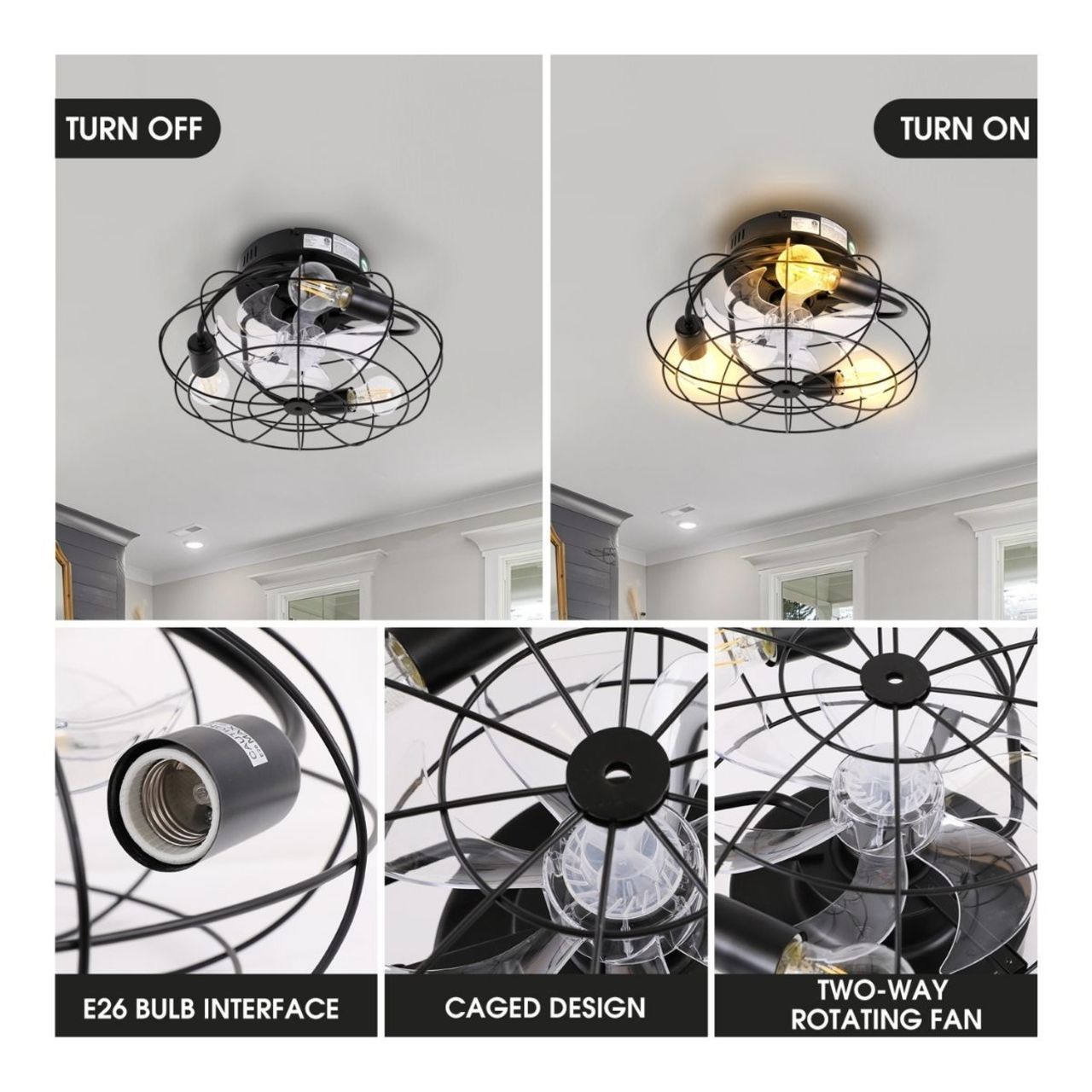 16in. Cage Ceiling Fan with LED Bulbs - 3 E26 Socket - Black Finish