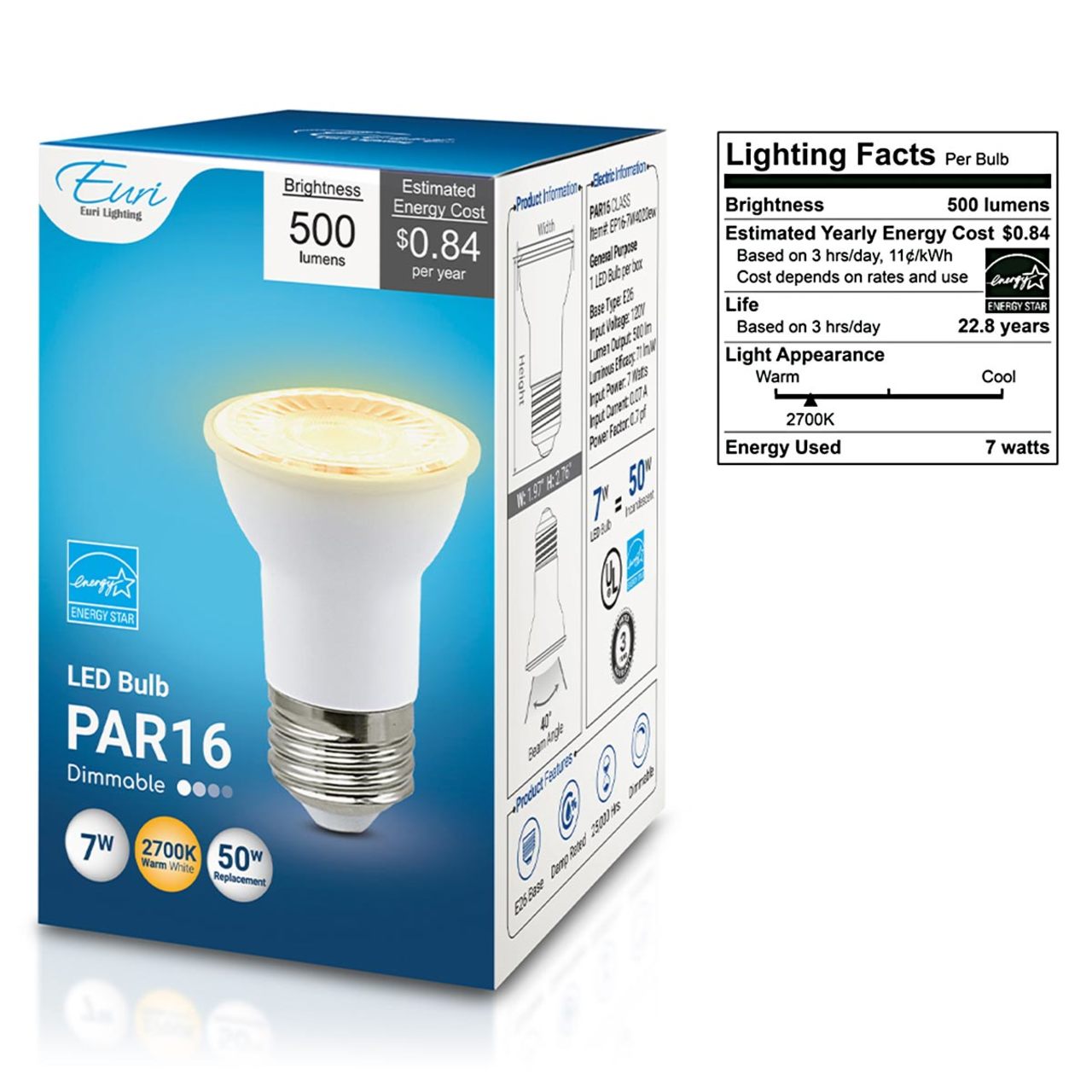 LED PAR16 - 7 Watt- 50 Watt Equiv. - Dimmable - 500 Lumens - Euri Lighting