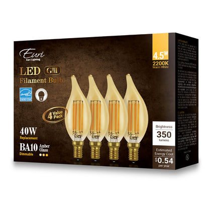 4-Pack - LED BA10 Filament - 4.5W - 350 Lumens - 2200K - Euri Lighting