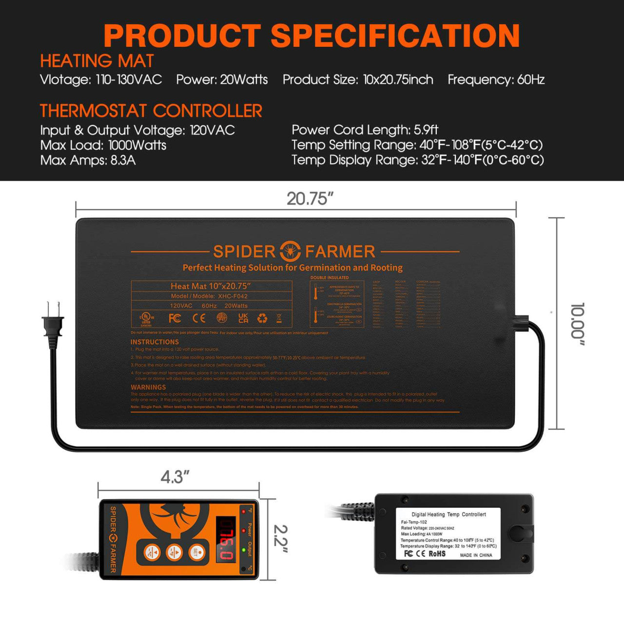 Seedling Heat Mat & Controller Set - 10in. x 20.75in. - Spider Farmer