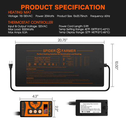 Seedling Heat Mat & Controller Set - 10in. x 20.75in. - Spider Farmer