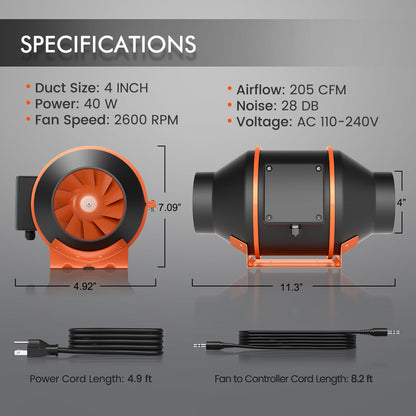 4in. Speed & Humidity Controlled Inline Duct Fan - Spider Farmer