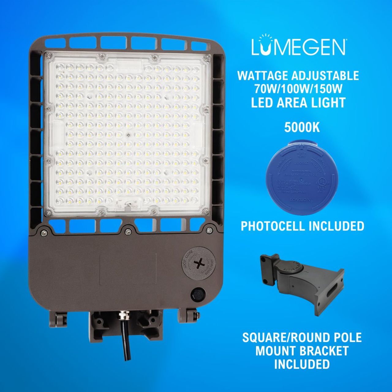 LED Area Light with Photocell and Square/Round Pole Mount Bracket - Wattage Adjustable 70W/100W/150W - 5000K - LumeGen