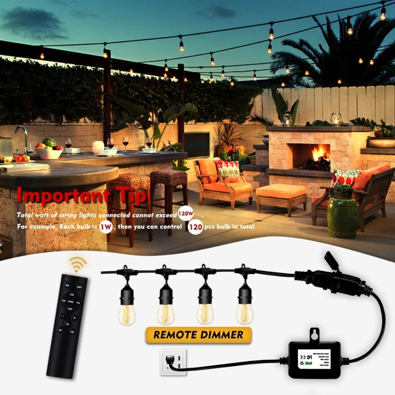 Remote Control Dimmer for String Lights - 120W Max Load - LumeGen