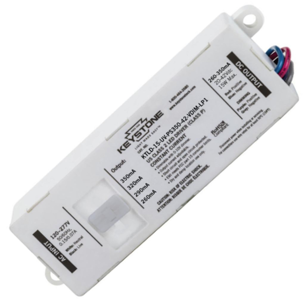 LED Power Selectable Constant Current LED Driver - 15W - 20-42V Output Voltage - Dimmable - Keystone