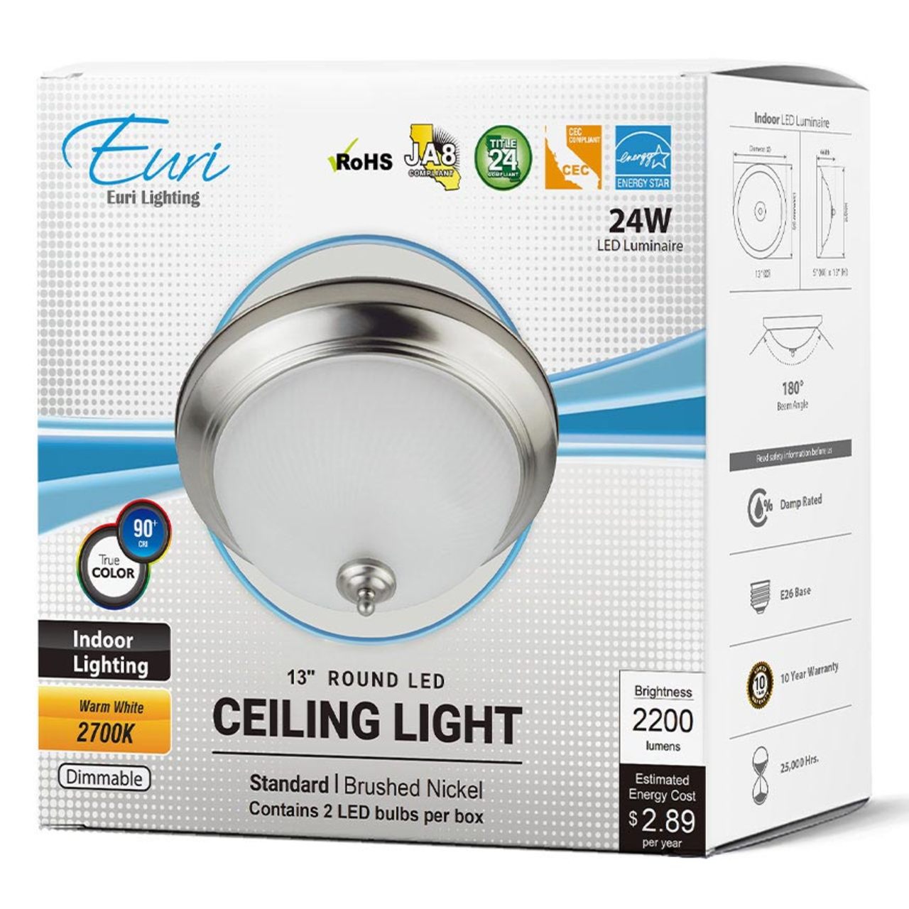 13in. LED Ceiling Light - 24W - 2200 Lumens - 2700K - Brushed Nickel Finish - Euri Lighting