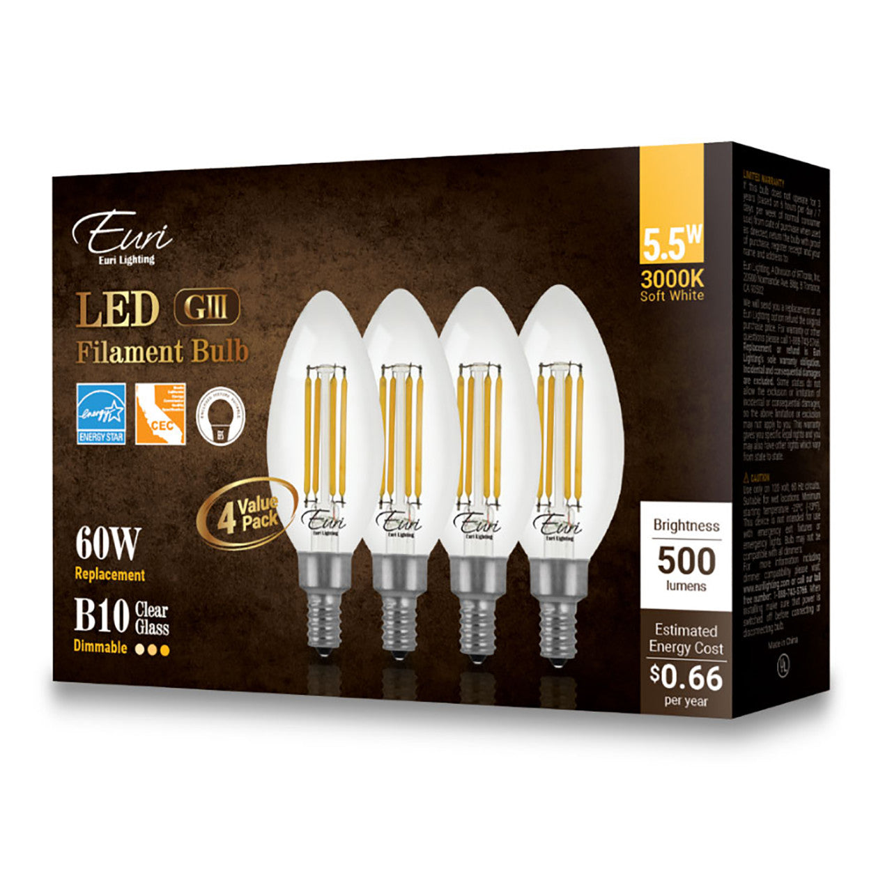 LED B10 Clear Glass Filament Bulb - 5.5 Watt -60 Watt Equiv. - 500 Lumens - Euri Lighthing - 4 Pack