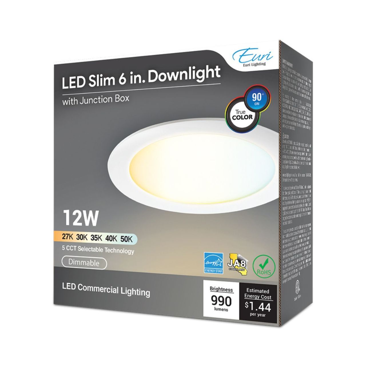 6in. LED Ultra Slim Recessed Downlight - 12W - 990 Lumens - 5 CCT Selectable - Euri Lighting