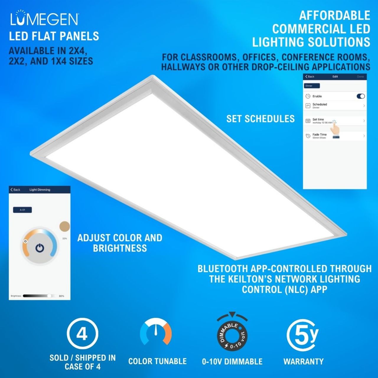 Case of 4 - 2x4 LED Flat Panel Light - Wattage Adjustable up to 50W - Color Tunable 35K/40K/50K/57K/65K - Bluetooth Compatible - LumeGen