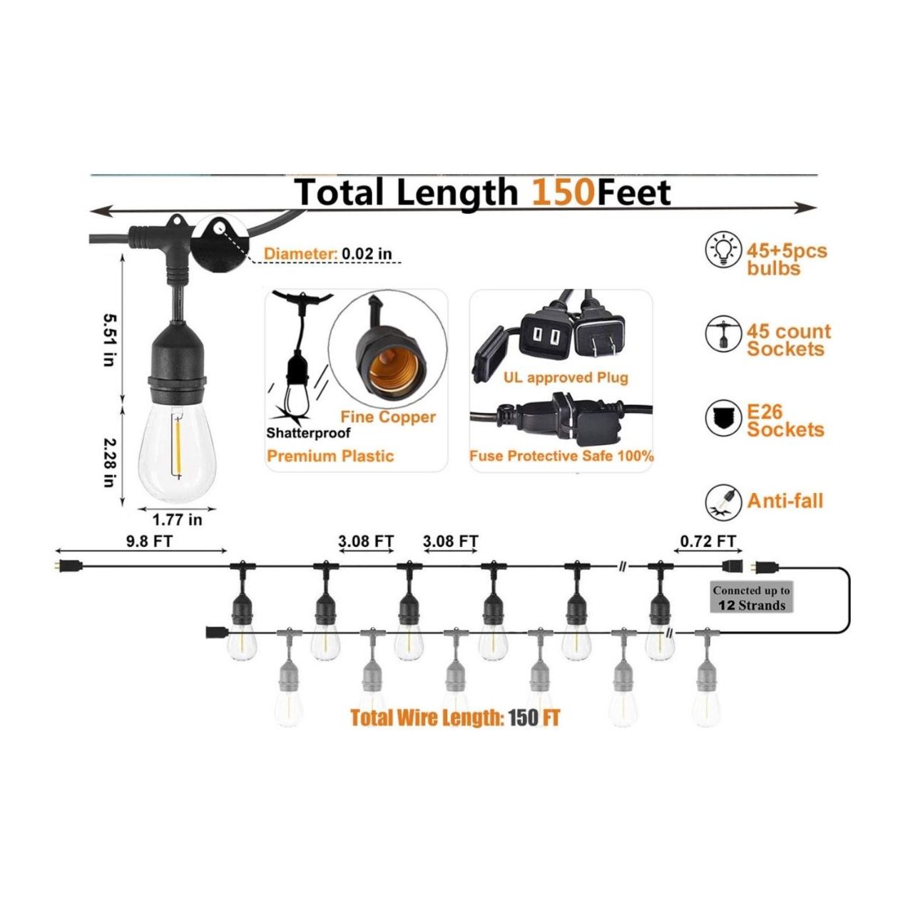 48ft Heavy-Duty S14 String Light - 24 E26 Sockets - 18AWG - Double Filament 1.5W S14 Bulbs - LumeGen