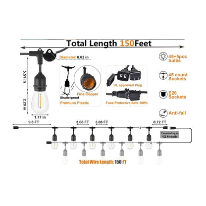 48ft Heavy-Duty S14 String Light - 24 E26 Sockets - 18AWG - Double Filament 1.5W S14 Bulbs - LumeGen