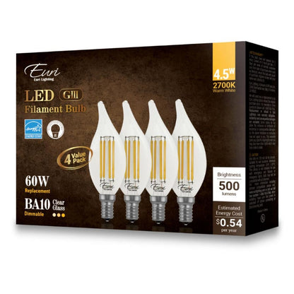 4-Pack LED B10 Filament Bulb - 4.5W - 500 Lumens - 2700K - Euri Lighting