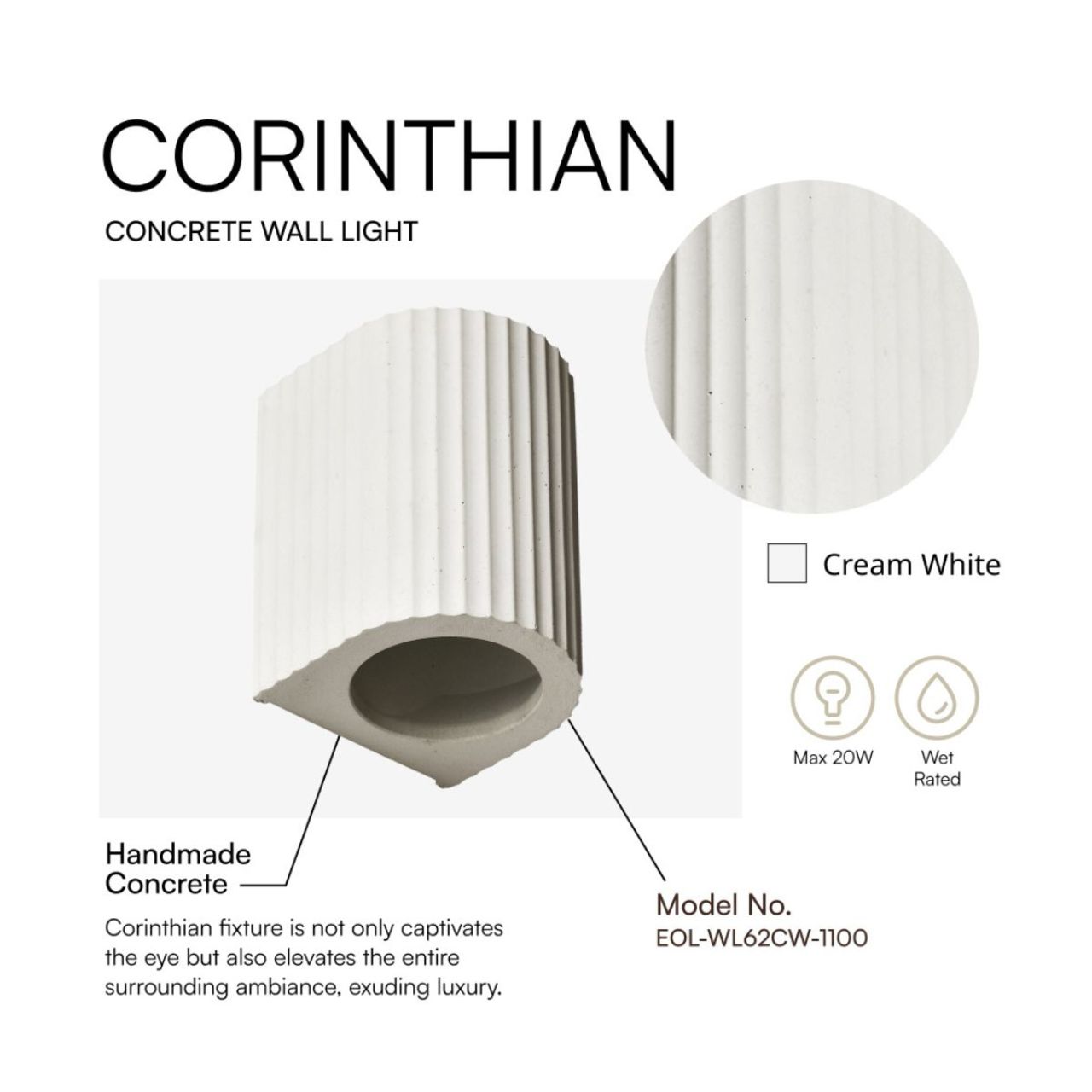 Artisan Concrete Collection Corinthian Wall Sconce Fixture - E26 Socket - Euri Lighting