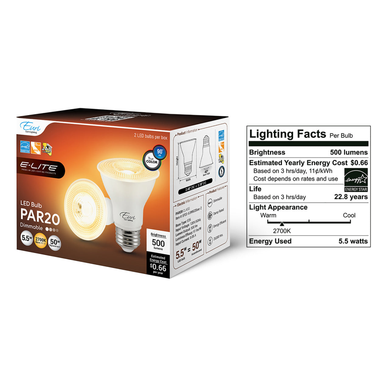 2-Pack E-Lite LED PAR20 Bulb - 5.5W - 500 Lumens - Euri Lighting