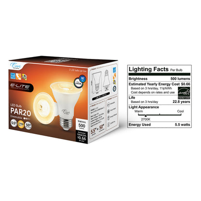 2-Pack E-Lite LED PAR20 Bulb - 5.5W - 500 Lumens - Euri Lighting