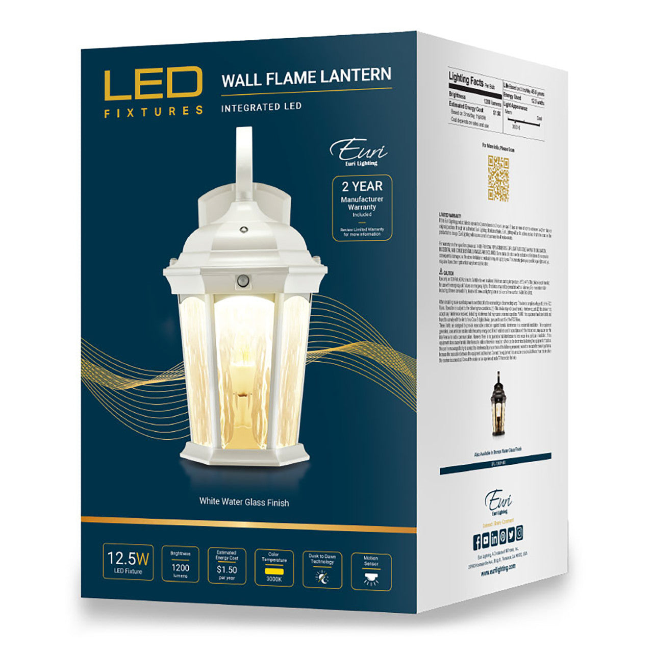 LED Outdoor Wall Flame Lantern Light - 12.5W - 1200 Lumens - 3000K - White Water Glass Finish - Euri Lighting