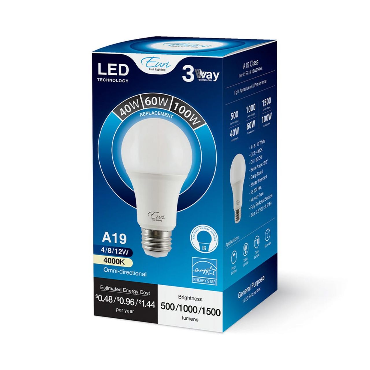 LED 3-Way A19 Bulb - 4W/8W/12W - Euri Lighting