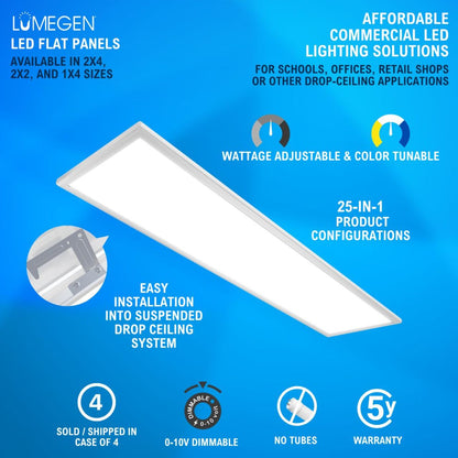 Case of 4 - 1x4 LED Flat Panel Light - Wattage Adjustable 20W/25W/30W/35W/40W - 5 Color Tunable - LumeGen