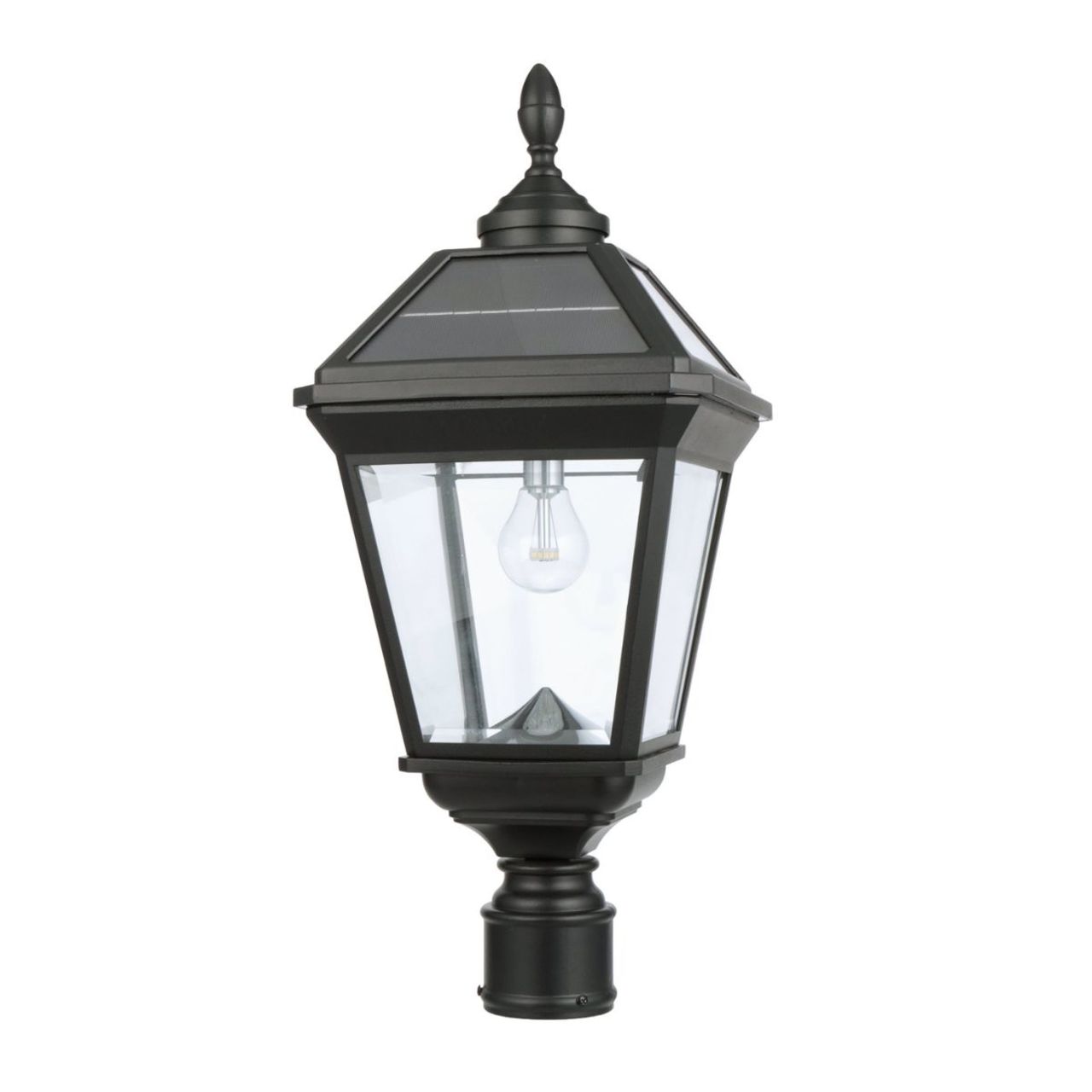 Solar LED Imperial Bulb Post Light - Black Finish - Trapezoidal Panels - Gama Sonic