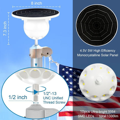 Solar LED Flag Pole Ball Topper Light - 10 LEDs - White/Black/Gold/Silver Finish