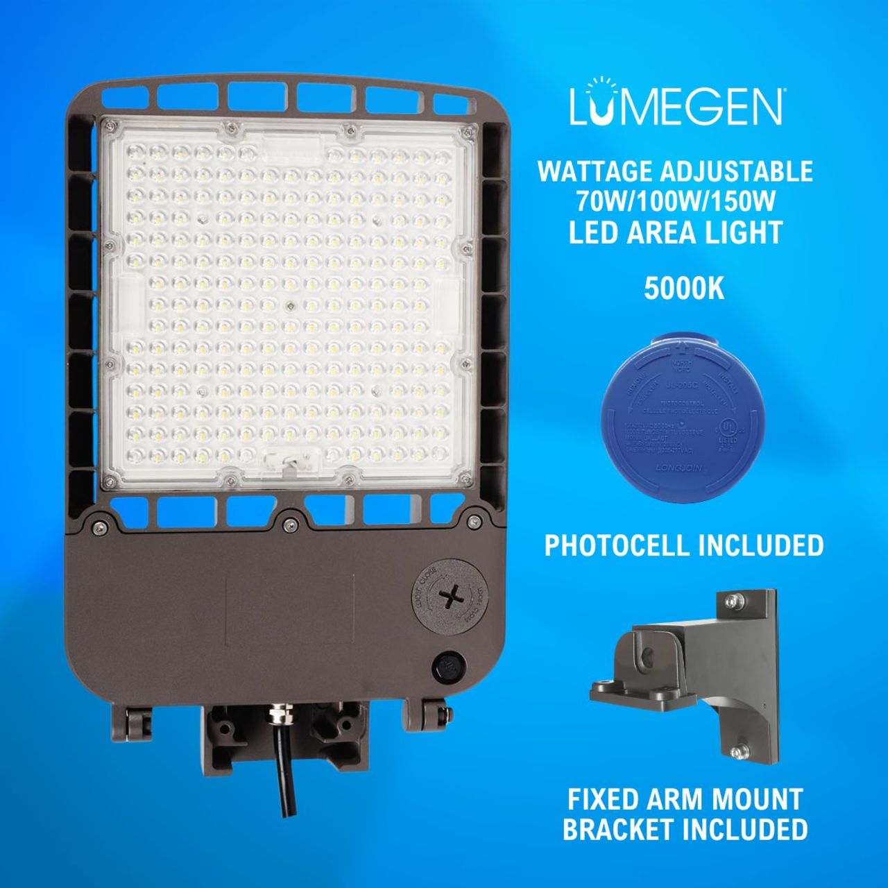 LED Area Light with Photocell and Fixed Arm Mount Bracket - Wattage Adjustable 70W/100W/150W - 5000K - LumeGen