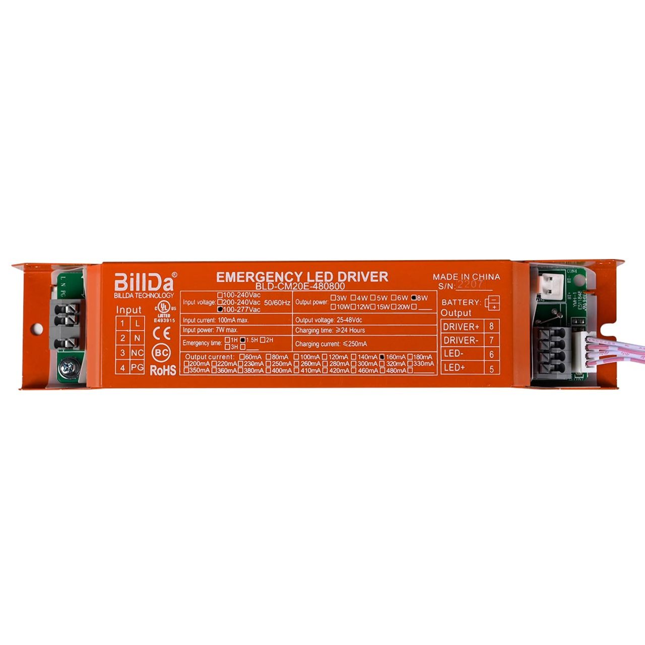 Emergency LED Driver - 7W Output - 25-48Vdc Output - 90 Minute Backup Time