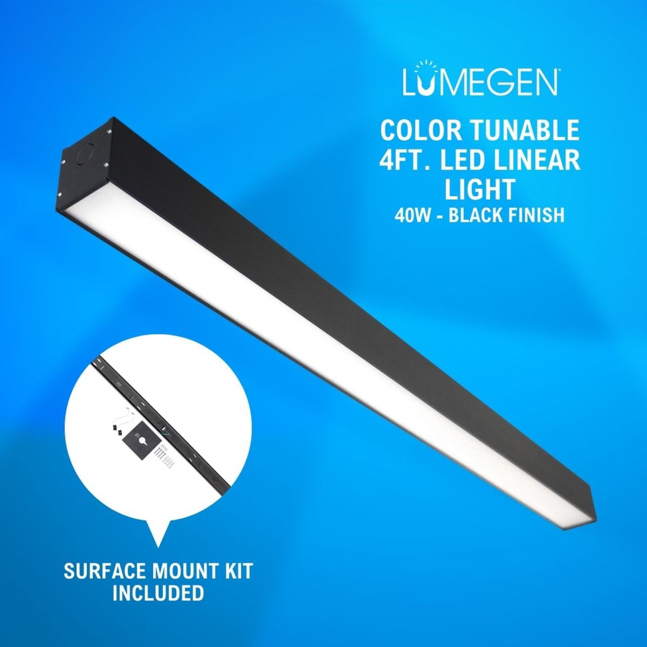 Surface Mount LED 4ft. Linear Light - 40 Watt - Color Tunable 3000K/4000K/5000K - Black Lamp Body - LumeGen