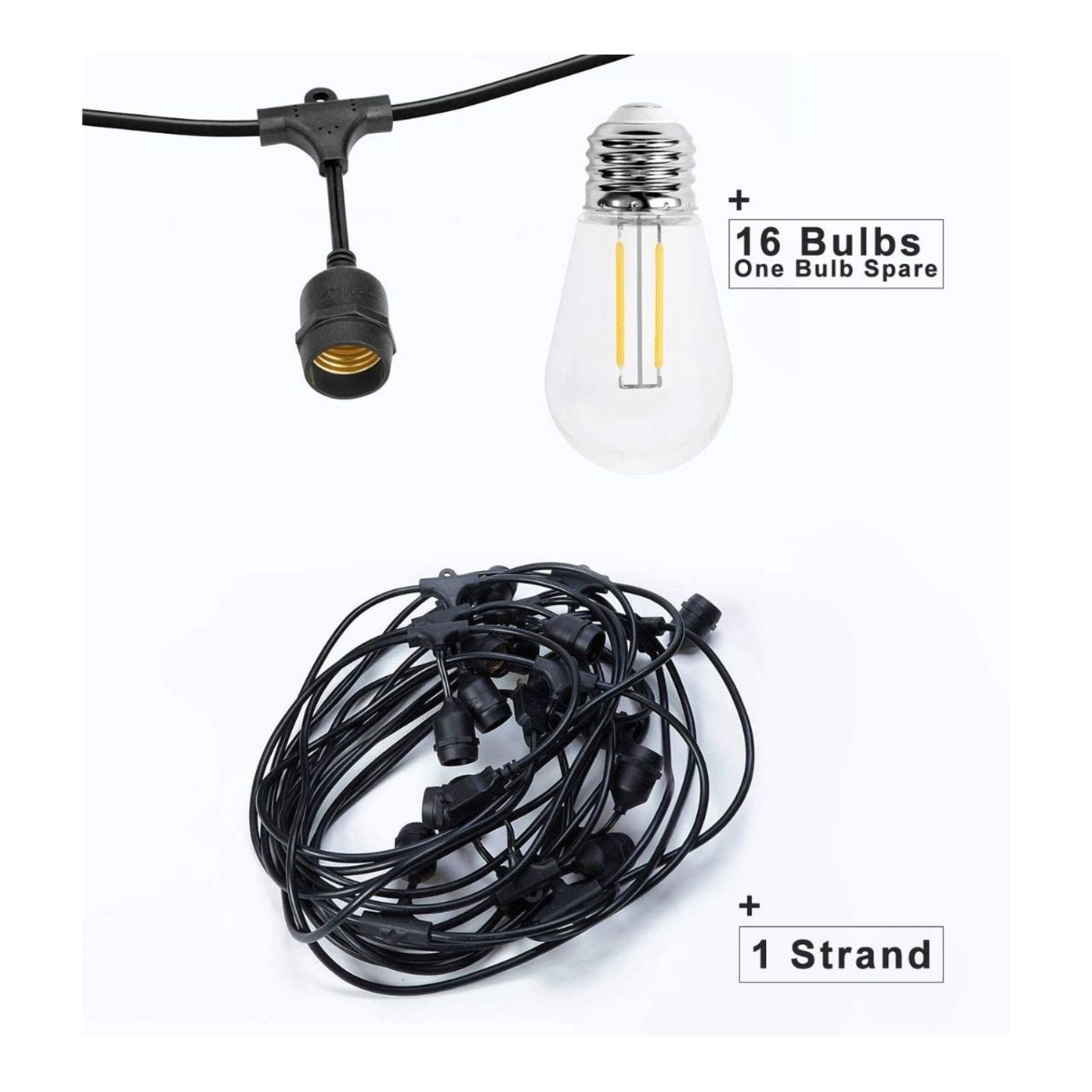 48ft Commercial Heavy-Duty S14 String Light - 15 E26 Sockets - 18AWG - 1W S14 Bulbs - LumeGen