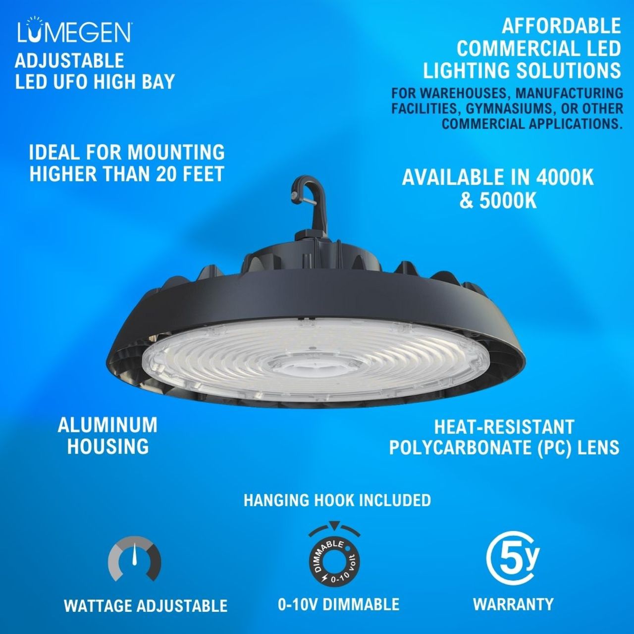 LED UFO High Bay - Wattage Adjustable 100W/125W/150W - 4000K/5000K - LumeGen