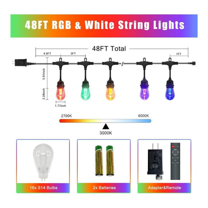 48ft Color Changing S14 String Light - 15 E26 Sockets - 20AWG - Remote Control - RGBW S14 Bulbs - LumeGen