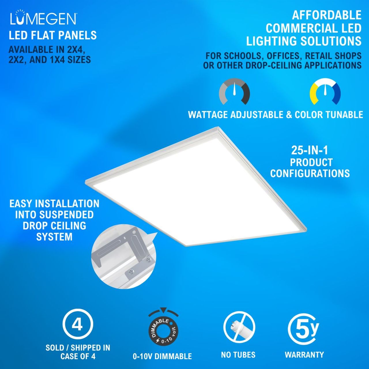 Case of 4 - 2x2 LED Flat Panel Light - Wattage Adjustable 20W/25W/30W/35W/40W - 5 Color Tunable - LumeGen